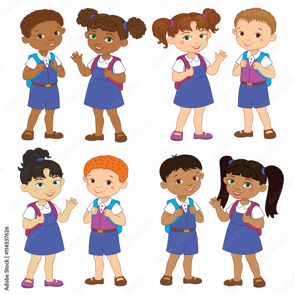 Set boy and girl with backpacks african pupil stay cartoon school india, isolated vector Set boy and girl with backpacks african pupil stay cartoon school india, isolated vector