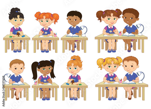 Set funny pupils sit on desks read draw clay cartoon illustration
