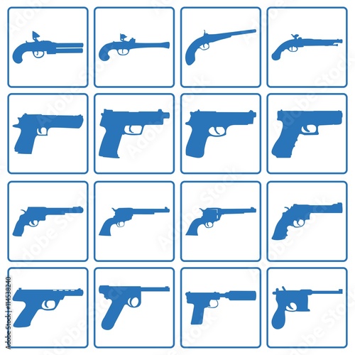 Pistol Gun Icon Set Silhouette Blue Color