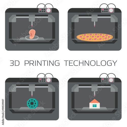 3D printing technology. 3d printing house, bodies, pizza, plastic models. 3 D printer. Vector illustration.