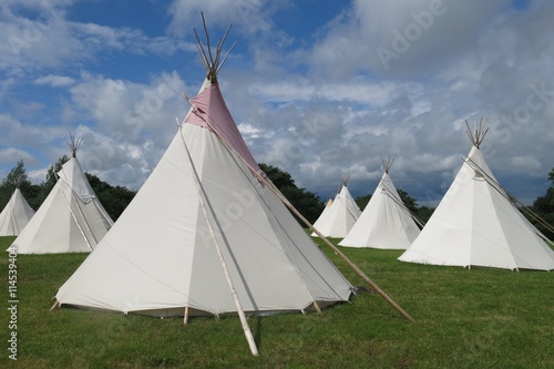 Glamping camping tipis tepees in a field on sunny day © Amy Laughinghouse
