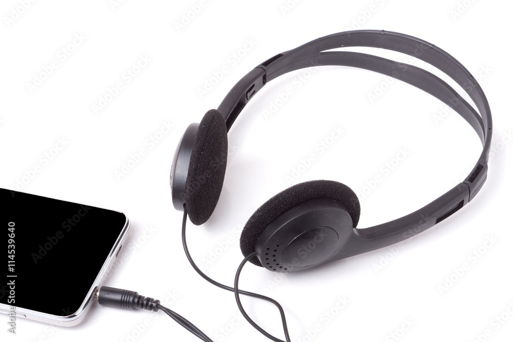 black headphones with the phone isolated on white background black headphones with the phone isolated on white background