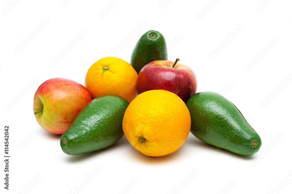 avocado, apples and oranges on a white background