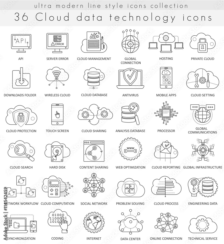 Vector Cloud data technology ultra modern outline line icons for web and apps. Vector Cloud data technology ultra modern outline line icons for web and apps.