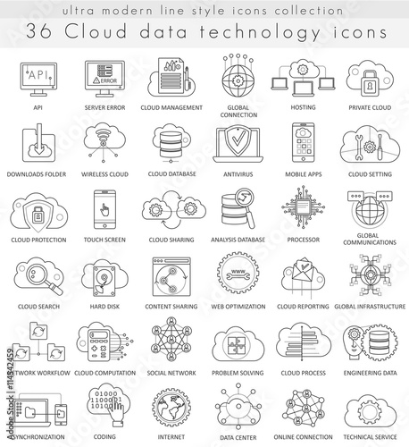 Vector Cloud data technology ultra modern outline line icons for web and apps.