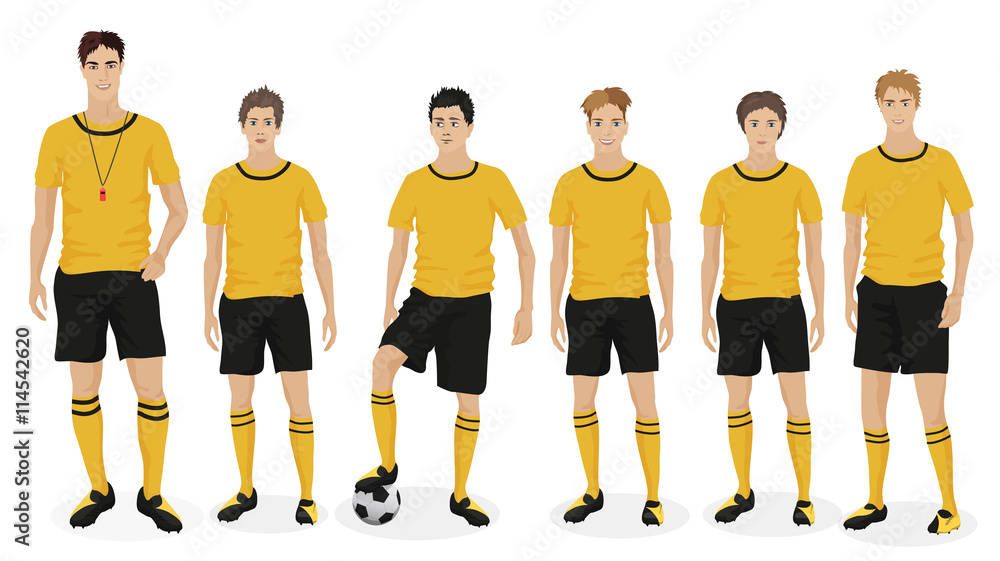 Young guys school football team with coach trainer. Vector illustration Young guys school football team with coach trainer. Vector illustration