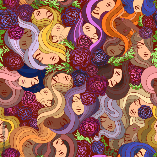 Vector seamless pattern with flowers and women
