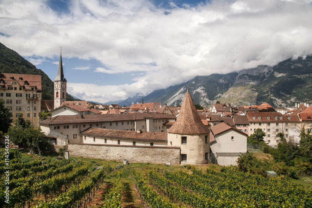 Beautiful view at  town Chur , vineyards and Alps mountains, Switzerland