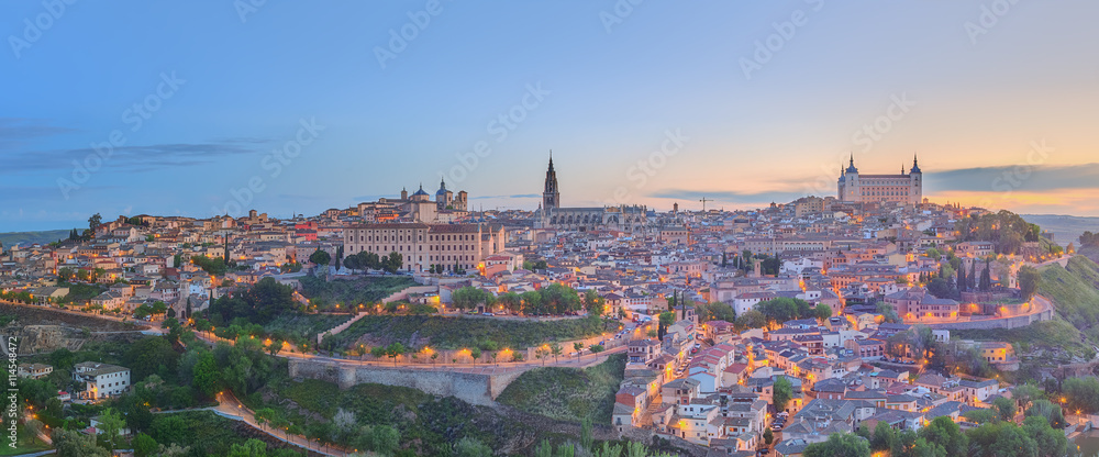 Panoramic view of ancient city and Alcazar on a hill over the Tagus River, Castilla la Mancha, Toledo, Spain