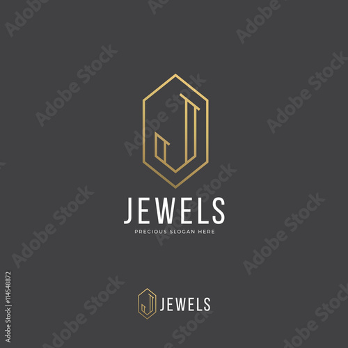 Jewels Abstract Vector Logo Template. Hand Drawn Letter J Incorporated in a Diamond or Crystal Shape. Golden Gradient and Modern Typography. On Dark Background.