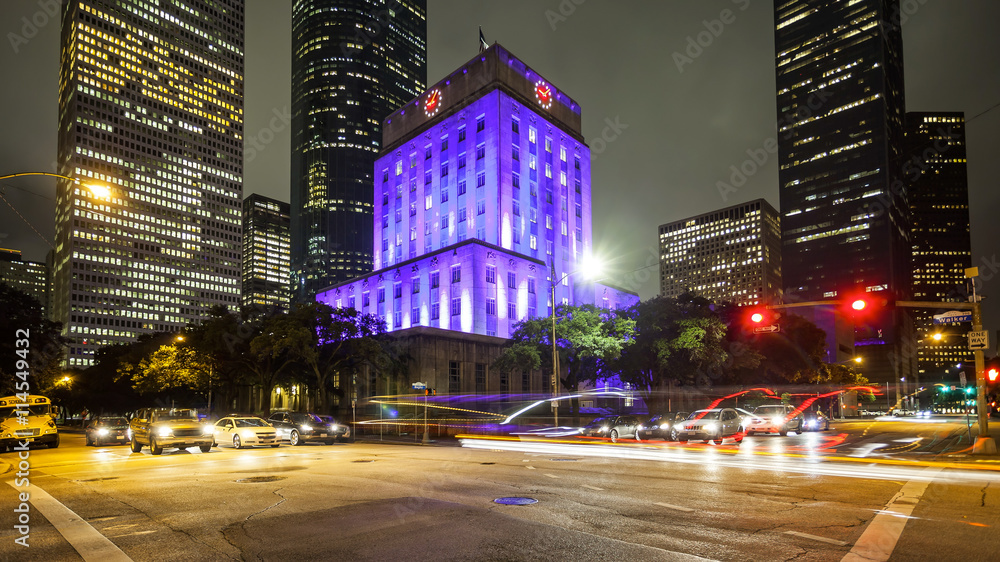 Houston City Hall & Traffic at Night in Downtown Houston, Texas