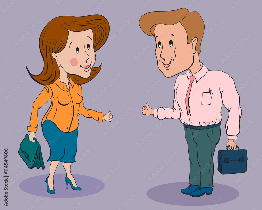 businesswoman and businessman standing talking smiling and showi