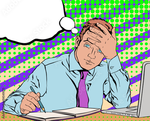 sad tired office employee sitting at his desk in the background