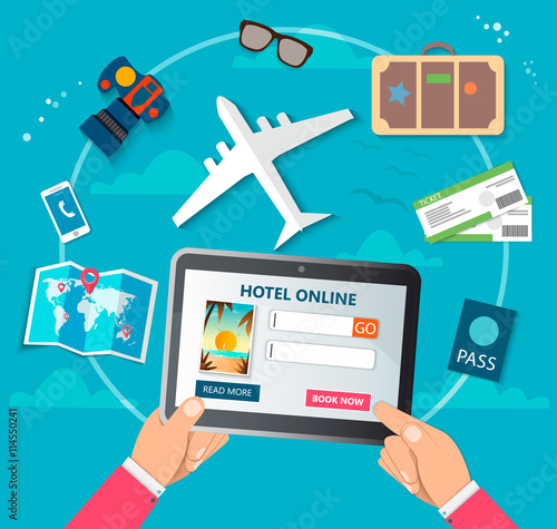 Summer holiday vacation booking online concept with flat icons. Vector illustration