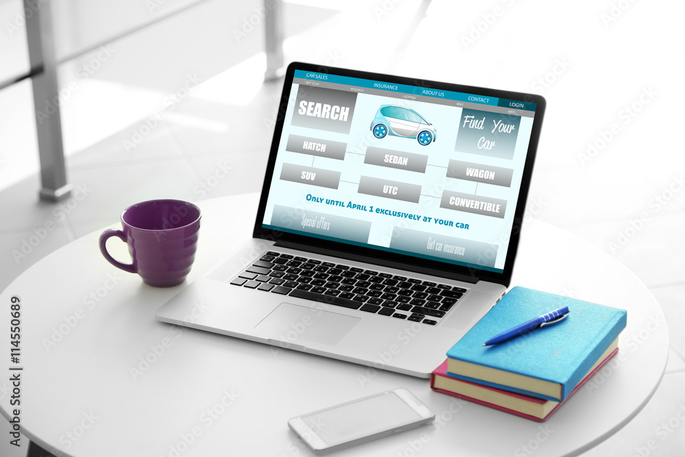 Website selling cars. Online insurance concept Website selling cars. Online insurance concept