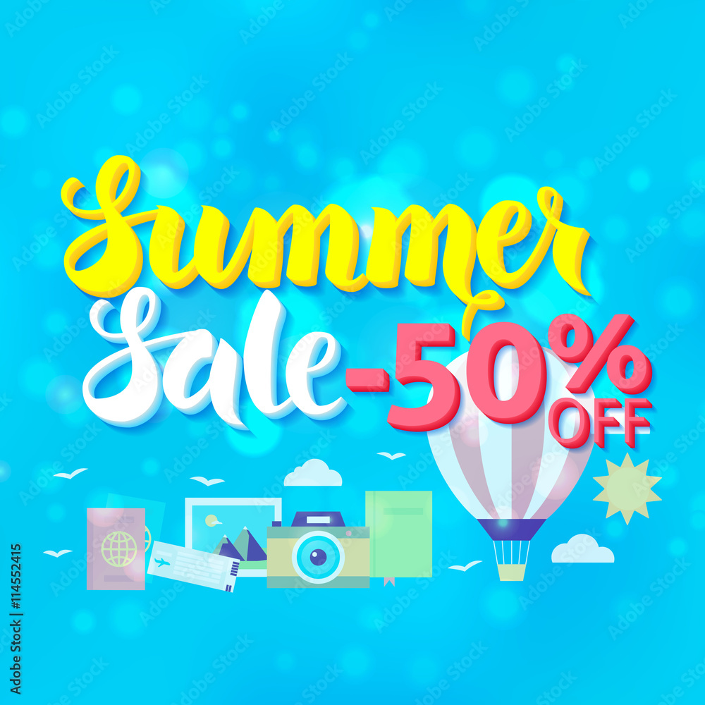Obraz premium Summer Sale 50 Off Lettering over Blue Blurred Background