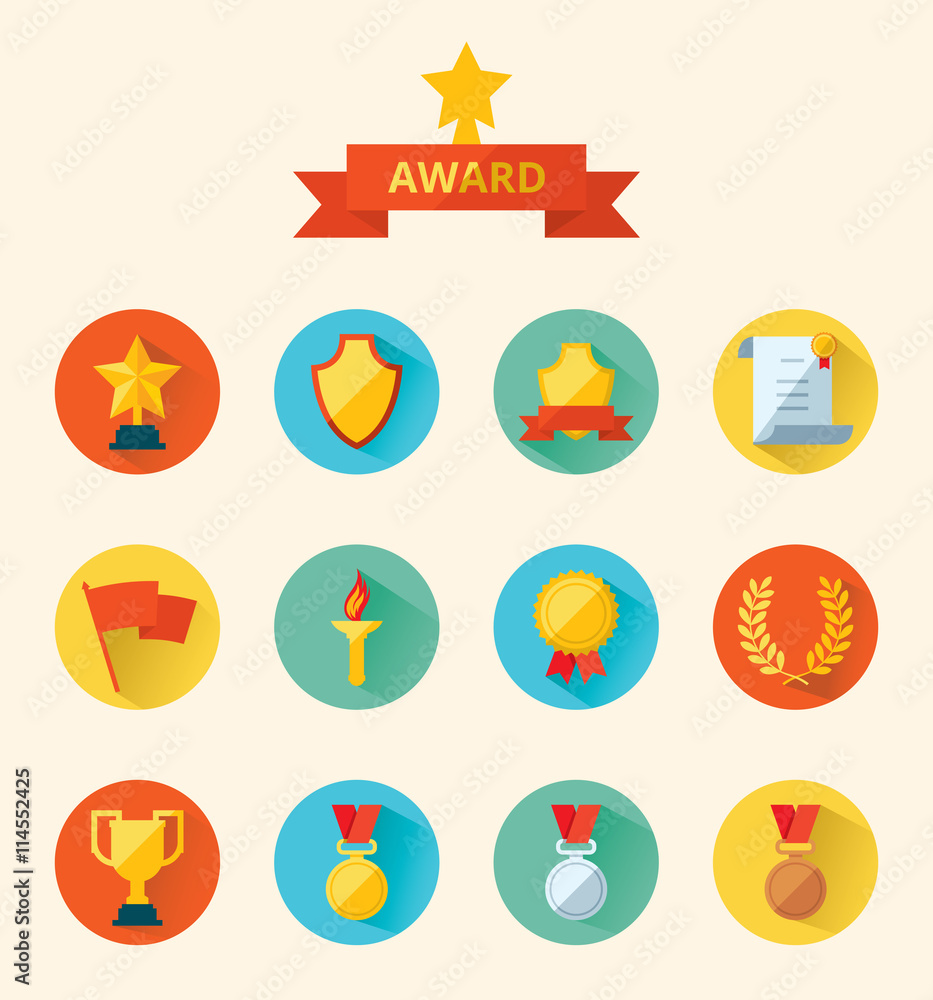 Set of flat vector icons sports awards achievements and trophy