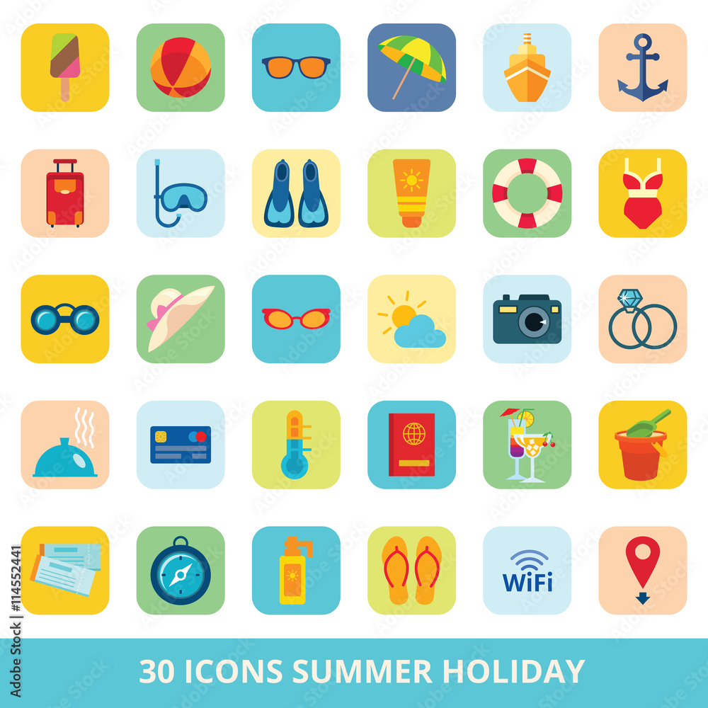 Set of vector flat icons summer beach vacation and travel Set of vector flat icons summer beach vacation and travel