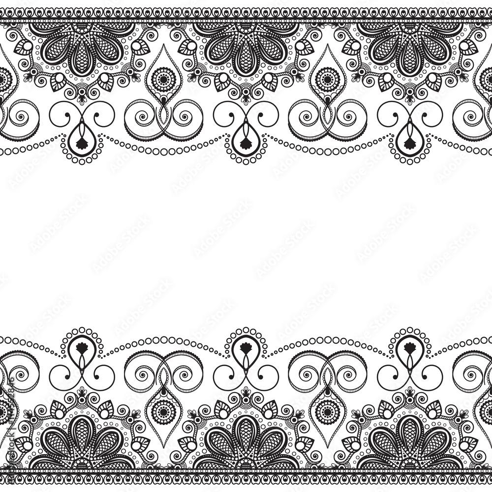 Indian mehndi border element with flowers pattern card for tattoo on white background. Indian mehndi border element with flowers pattern card for tattoo on white background.