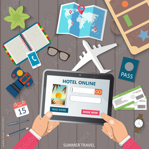Summer holiday vacation booking online concept with flat icons. Vector illustration