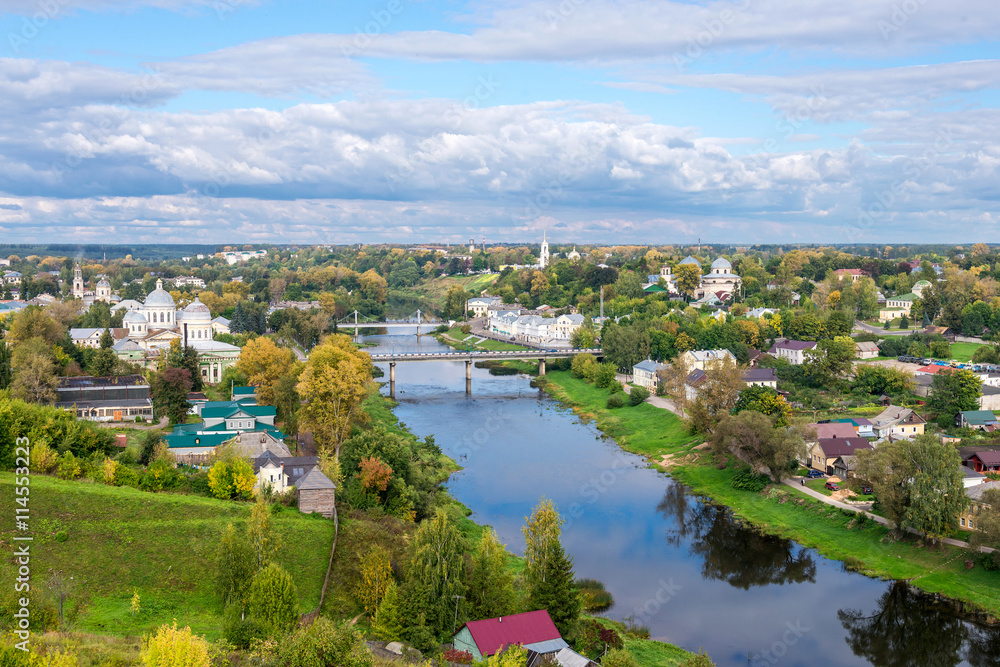 top view of the river Tvertsa and autumn city Torzhok, Russia