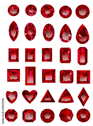 Set of red rubies isolated on white background. Set of realistic jewels. Colorful gemstones. Jewel cuts. Jewel icon. Jewel vector. Jewel sign. Jewel art. Jewel logo. Jewel web icon. Jewel EPS.