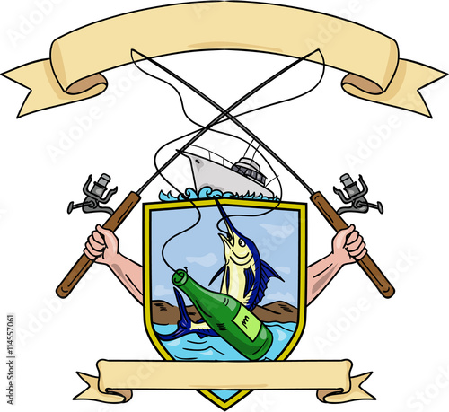 Fishing Rod Reel Blue Marlin Fish Beer Bottle Coat of Arms Drawing