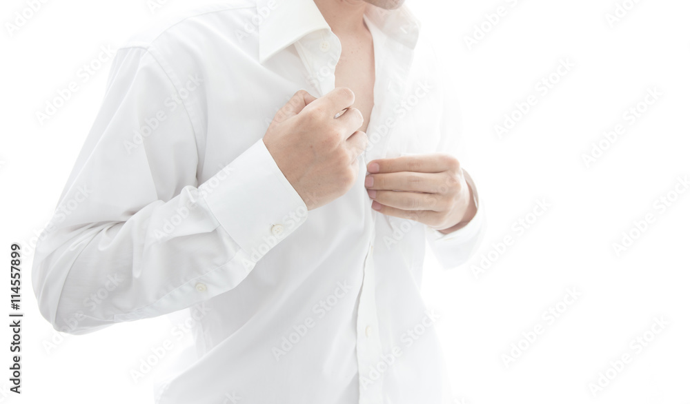 Fototapeta premium シャツを着る男性・白バック
