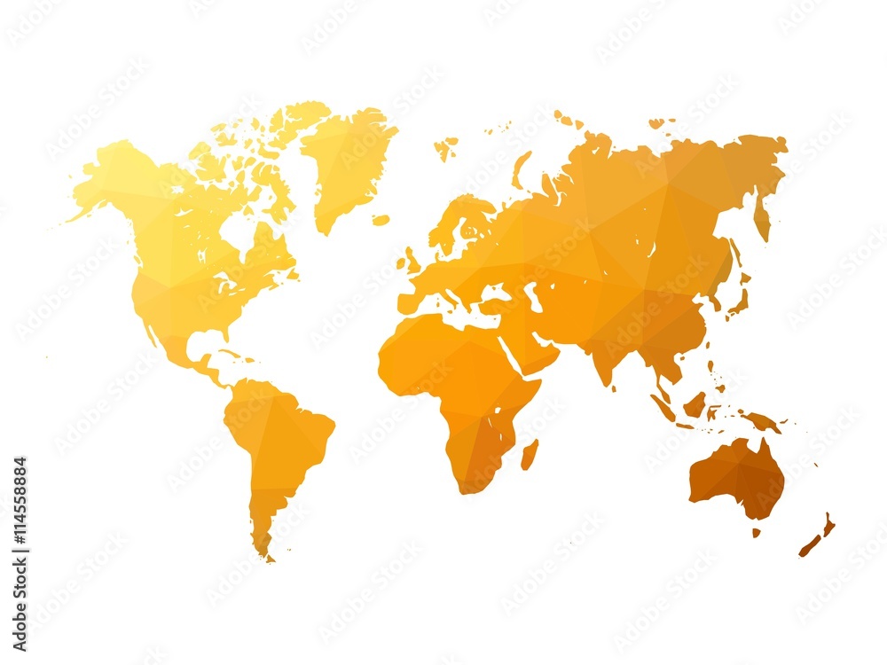 Obraz premium Low poly map of world. World map made of triangles. Orange polygonal shape vector illustration on white background.