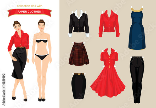 Paper doll with clothes. Body template. Set of paper clothes. Clothes for office, clothes for holiday. Girl with bob hairstyle in elegant navy blue dress with golden ribbon. Skirt with tartan pattern