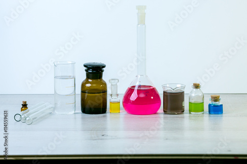 Chemical laboratory equipment, analyzes, laboratory reagents, liquid for blood testing. Background with copy space for text