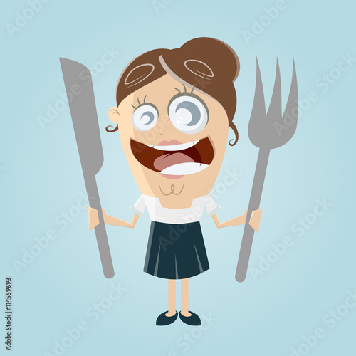 funny comic woman with cutlery