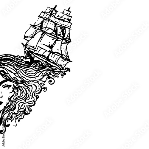Эскиз татуировки девушка и корабль 
