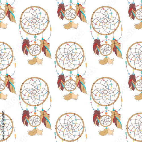 Seamless pattern of mysterious and magical indian ojibwe dreamcatcher. Tribal paganism totem symbol for superstition about sleep. Traditional american symbol for dream protection made of bird quills