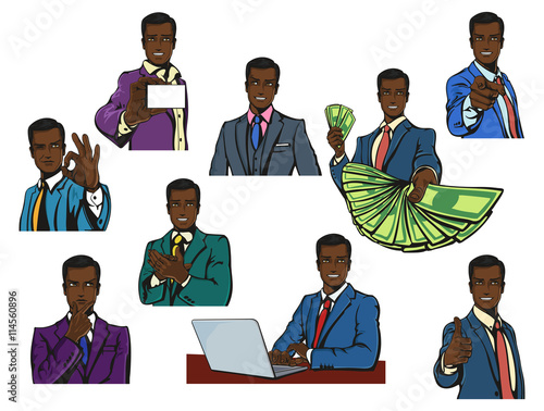 African or afro, black successful businessman with smirk or smile in cartoon or pop comics vintage style with variety gestures like thumbs up or O.K., applause or pointing finger