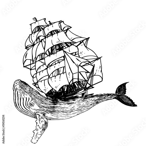 Эскиз татуировки корабль и кит