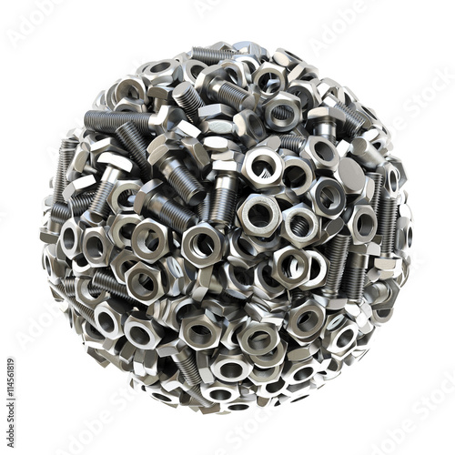 sphere made from nuts and bolts. isolated on white background. 3D illustration.