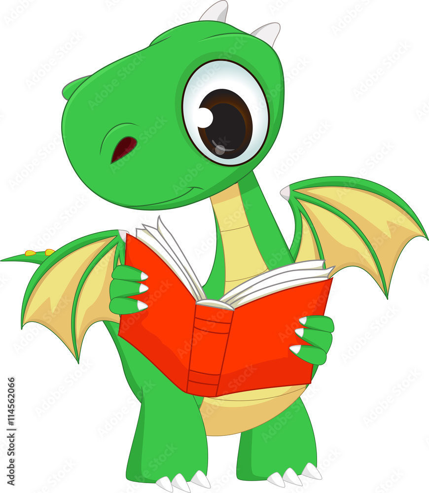 Fototapeta premium cute green dragon reading a book