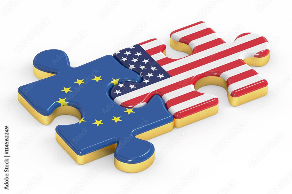 Naklejka premium USA and EU puzzles from flags, relation concept. 3D rendering