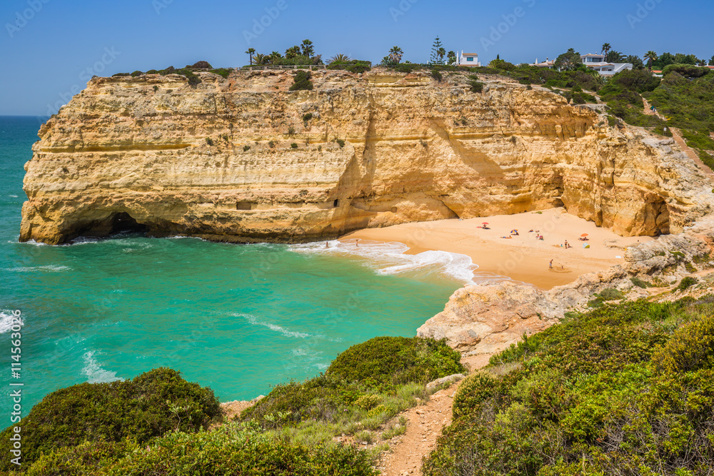 A view of beach in Benagil fishing village on coast of Portugal