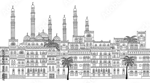 Yemen - Seamless banner of Sanaa's skyline, hand drawn black and white illustration with arabesque houses and mosque photo