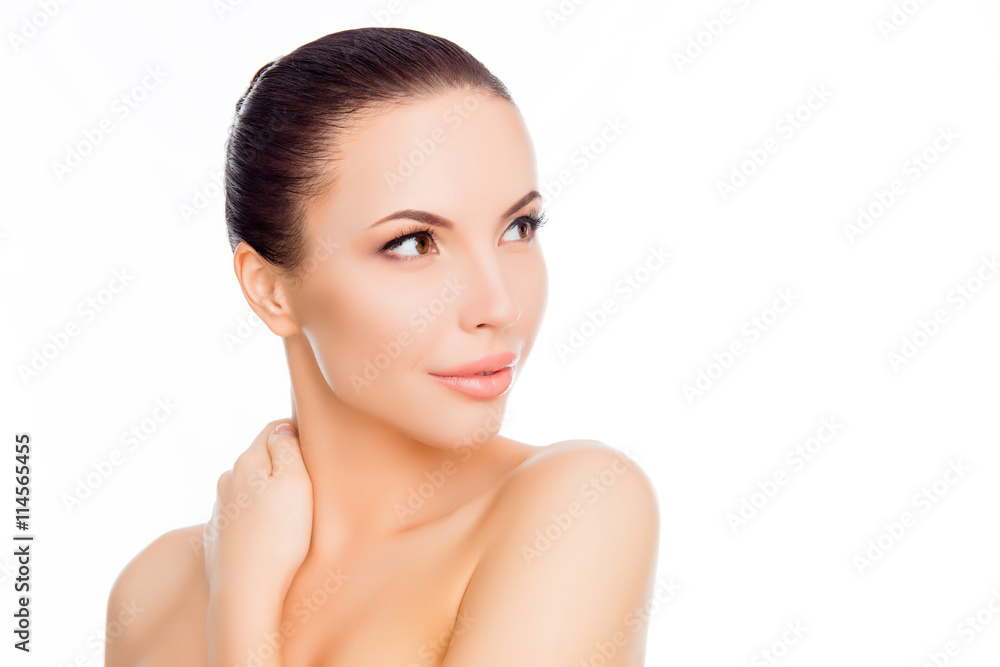 Calm pretty woman touching her neck on white background Calm pretty woman touching her neck on white background