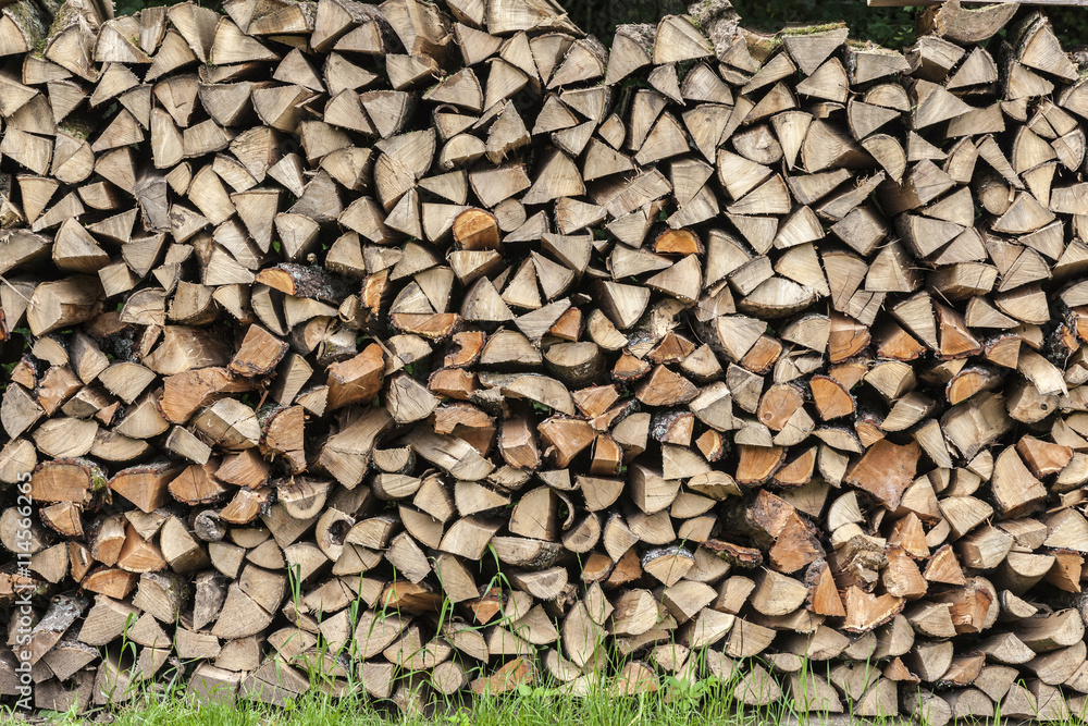 Stack of firewood stapled on a meadow