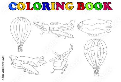 coloring book of air transportation set cartoon