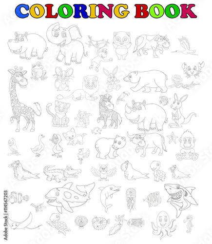 coloring book of big animal cartoon set