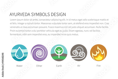 Ayurvedic elements water, fire, air, earth and ether icons isolated on white. Flat colorful vector ayurvedic icons. Vector template for ayurvedic infographic and web sites.