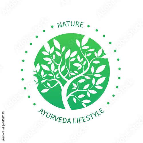 Ayurvedic vector tree icon, alternative medicine logo isolated on white. Simple vector tree with brunches and leaves. Green circle tree vector logo design template.