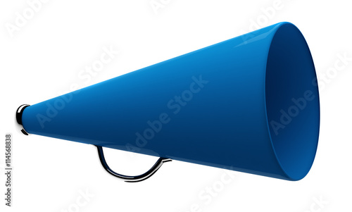 Blue megaphone isolated on white background photo