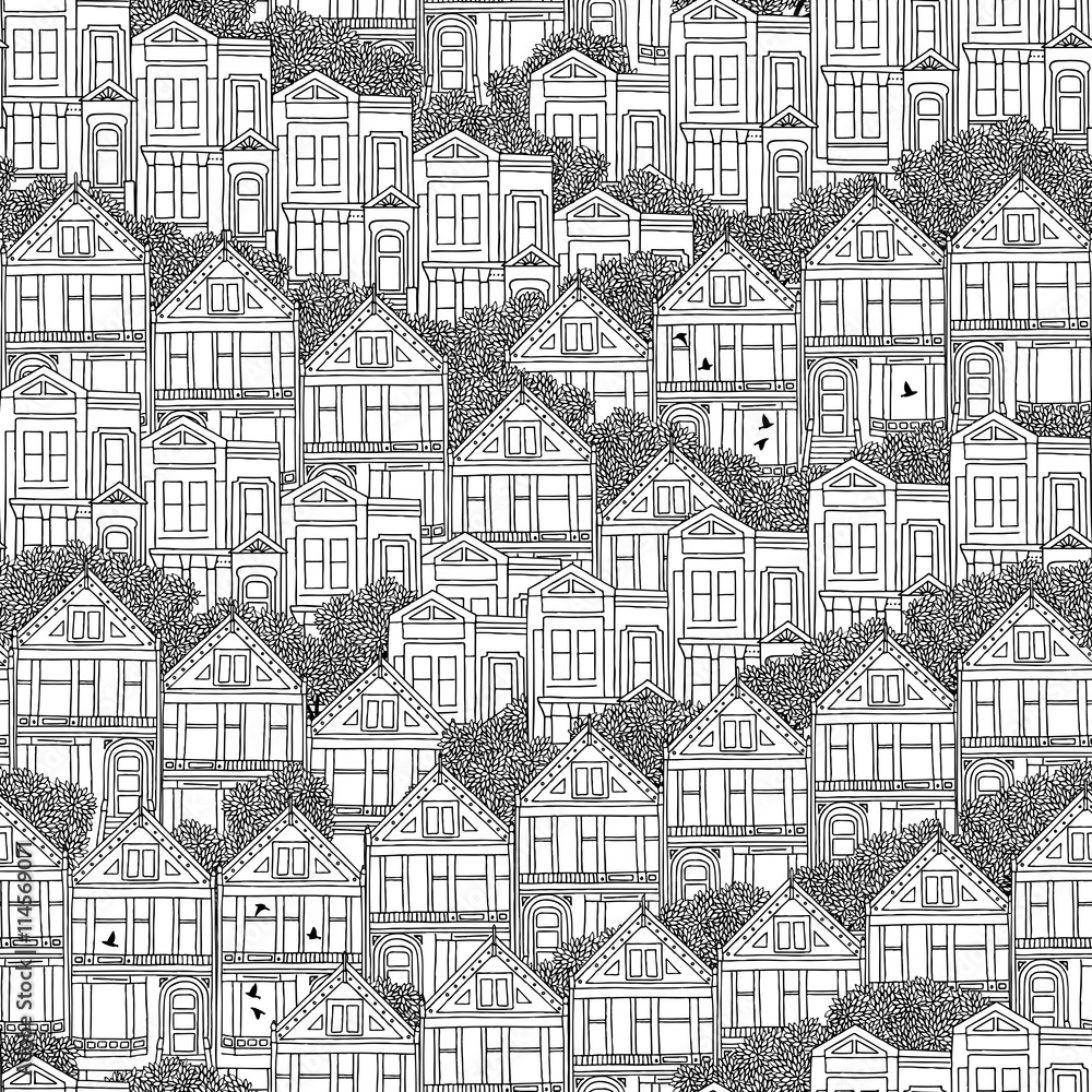 Hand drawn seamless pattern of Victorian style houses in San Francisco