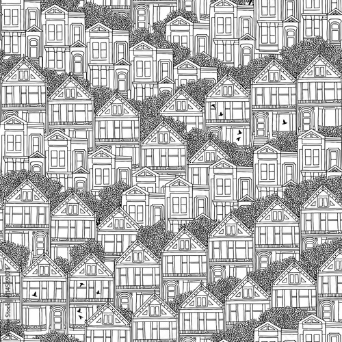 Hand drawn seamless pattern of Victorian style houses in San Francisco